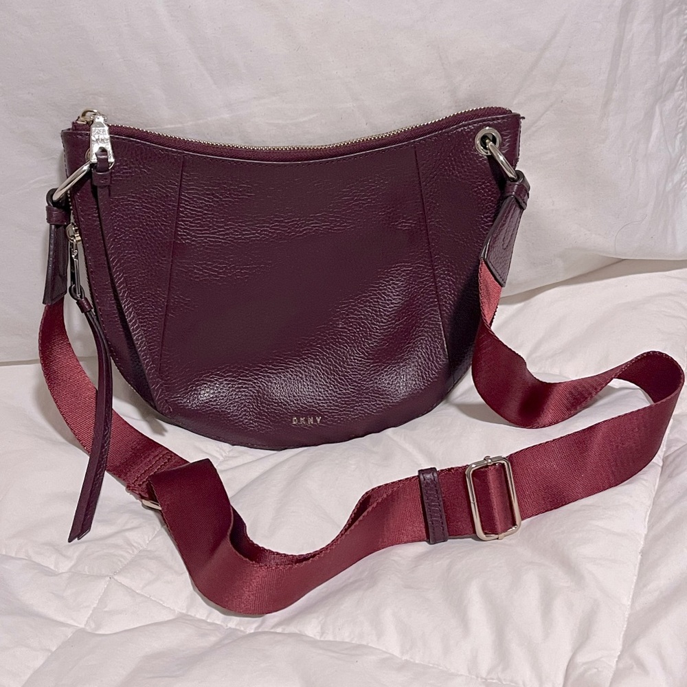 DKNY Burgundy Genuine Leather Crossbody w/Seatbelt Strap Gold Toned Hardware